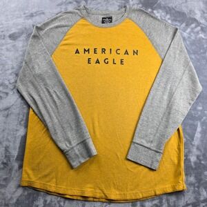 American Eagle Baseball Tee Mens XXL Yellow Grey Raglan Logo Long Sleeve Shirt
